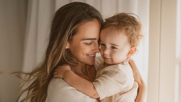 Mama przytula małe dziecko w jasnym, ciepłym wnętrzu; oboje uśmiechają się i wyglądają na spokojnych i szczęśliwych