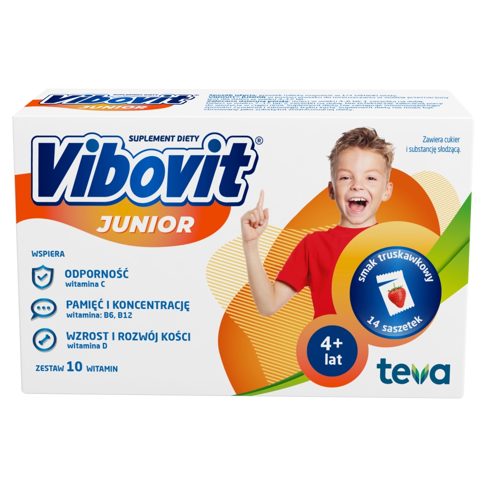 Vibovit Junior, Zestaw witamin dla dzieci od 4. roku życia, Smak truskawkowy, Saszetki