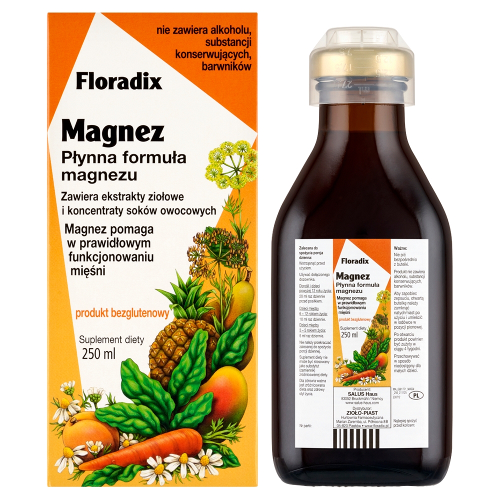 Floradix Magnez, Suplement diety z magnezem, ekstraktami ziołowymi i sokami, Płyn doustny 250 ml