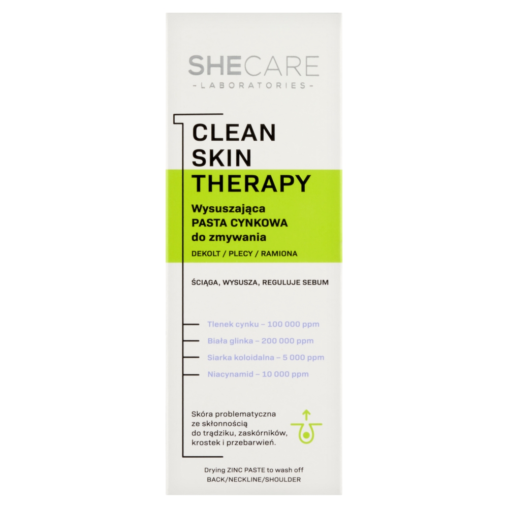 Shecare Clean Skin Therapy - Wysuszająca pasta cynkowa do zmywania - dekolt, plecy, ramiona 90g 90 g