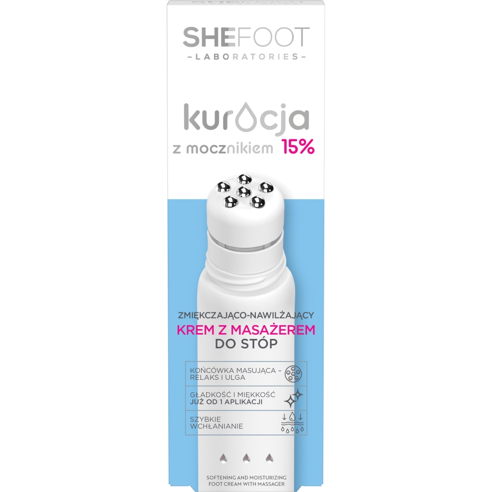 Shefoot Kuracja z mocznikiem, zmiękczająco-wygładzający krem z masażerem do stóp, 15% mocznika 