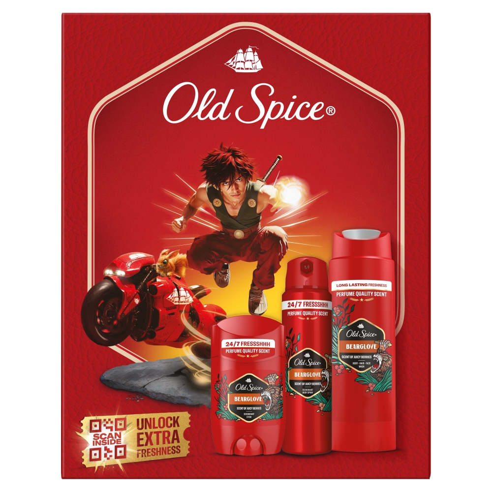 Old Spice Zestaw Anime Bearglove: Deo stick 50 ml + Deo spray 150 ml + Żel pod prysznic 250 ml
