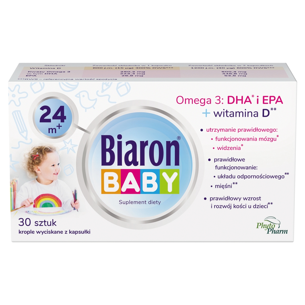Bioaron Baby, Omega 3 + Witamina D dla dzieci od 24. miesiąca życia, Krople wyciskane z kapsułki