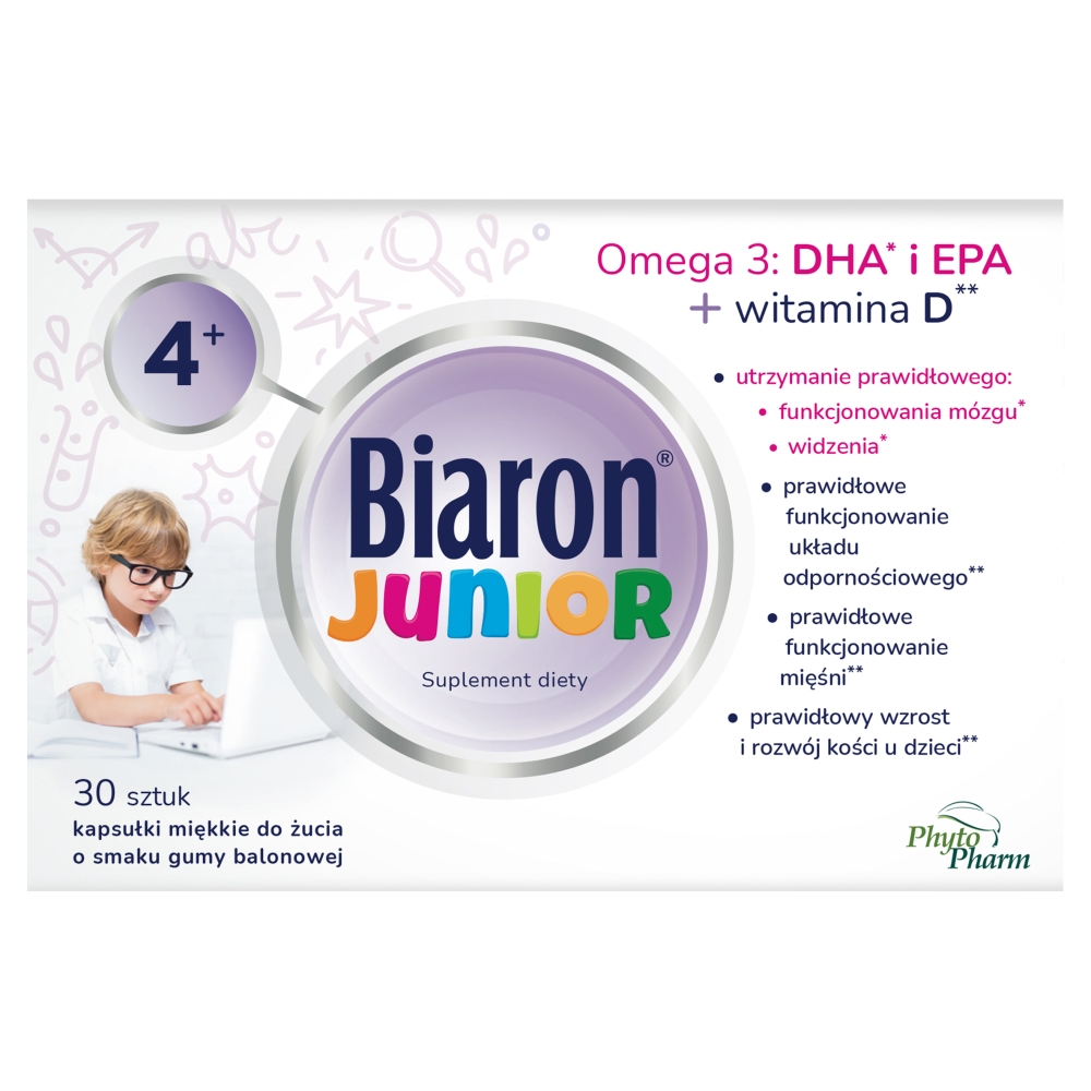 Biaron Junior, Omega-3 + Witamina D dla dzieci powyżej 4. roku życia i dorosłych, Kapsułki miękkie do żucia, Smak gumy balonowej