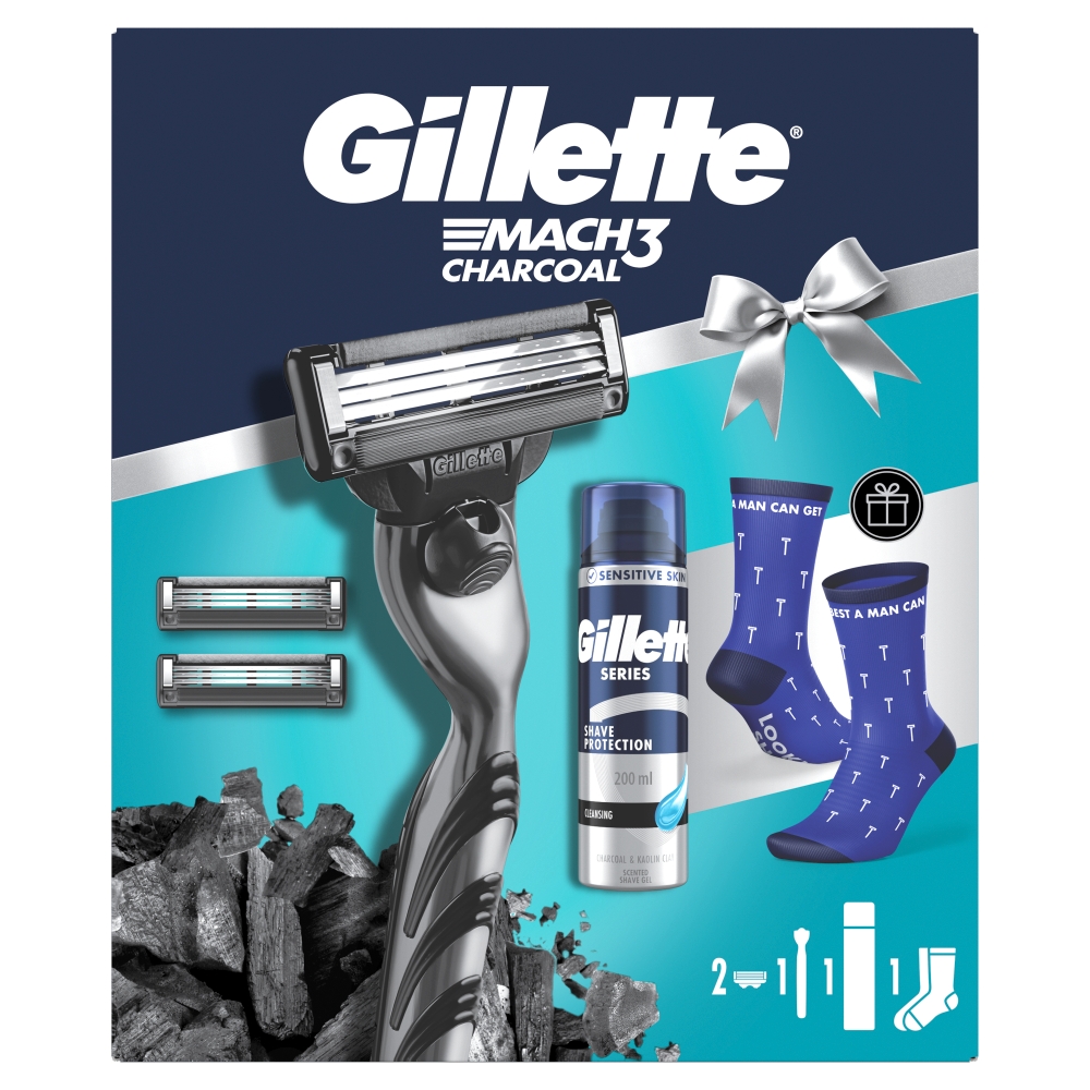 Gillette Maszynka Mach3 Charcoal H+2 + żel do golenia S.C. 200 ml + skarpetki)