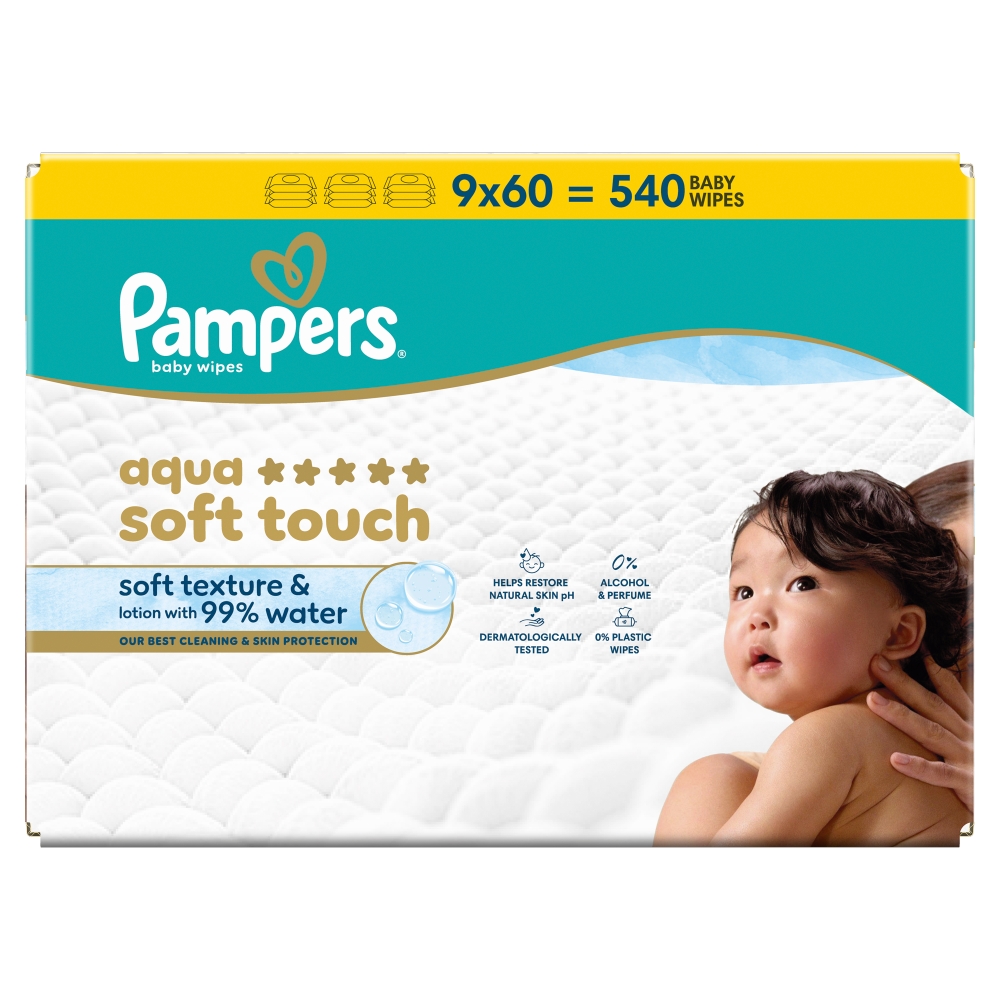 Pampers Aqua Soft Touch Chusteczki nawilżane, 60 szt. x 9