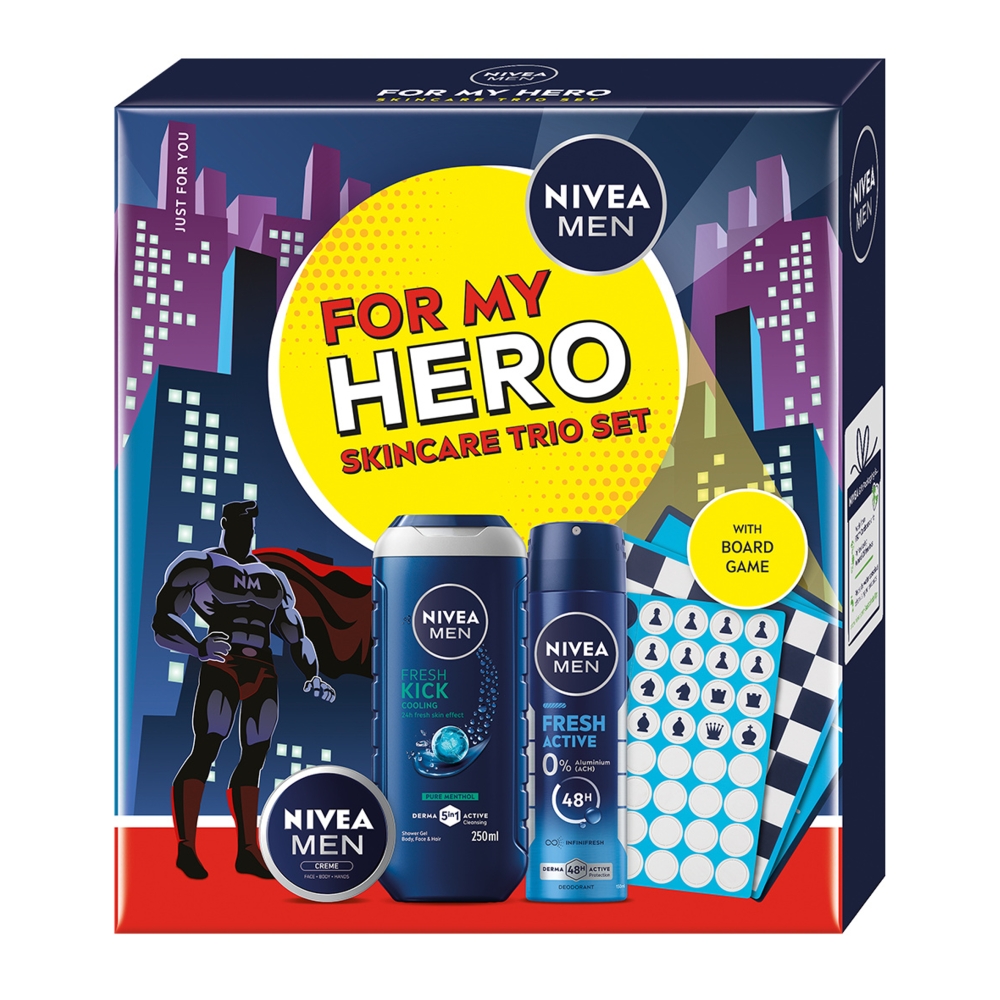 Nivea Zestaw For My Hero: Shower gel 250 ml + Spray 150 ml + Krem uniwersalny 30 ml + Gra planszowa