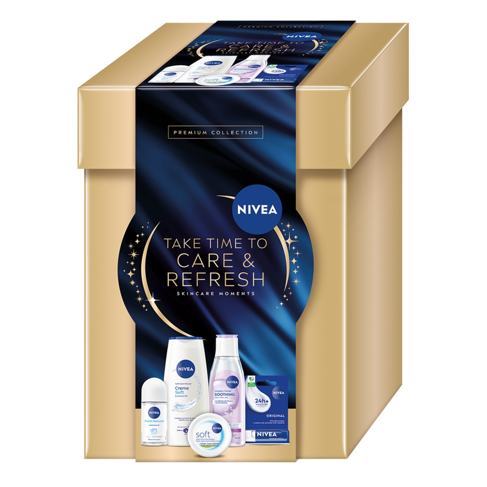 Nivea Zestaw Take Time to Care&Refresh: Pomadka do ust + Krem 100 ml + Shower gel 250 ml + Dezodorant w kulce + Płyn micelarny