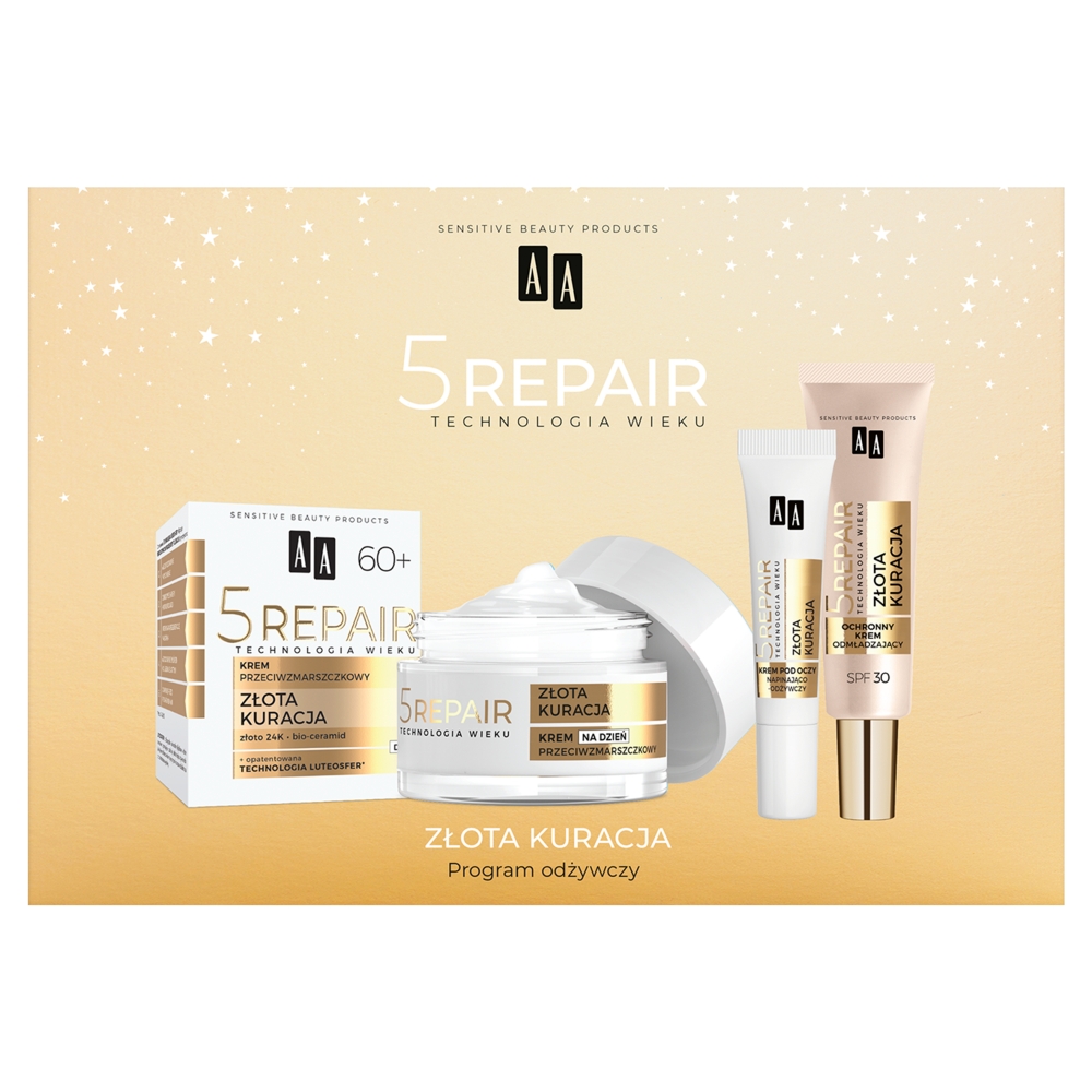AA Technologia Wieku 5Repair 60+ Zestaw pielęgnacyjny: Krem przeciwzmarszczkowy na dzień 50 ml + Ochronny krem odmładzający SPF 30 50 ml + Krem pod oczy 15 ml