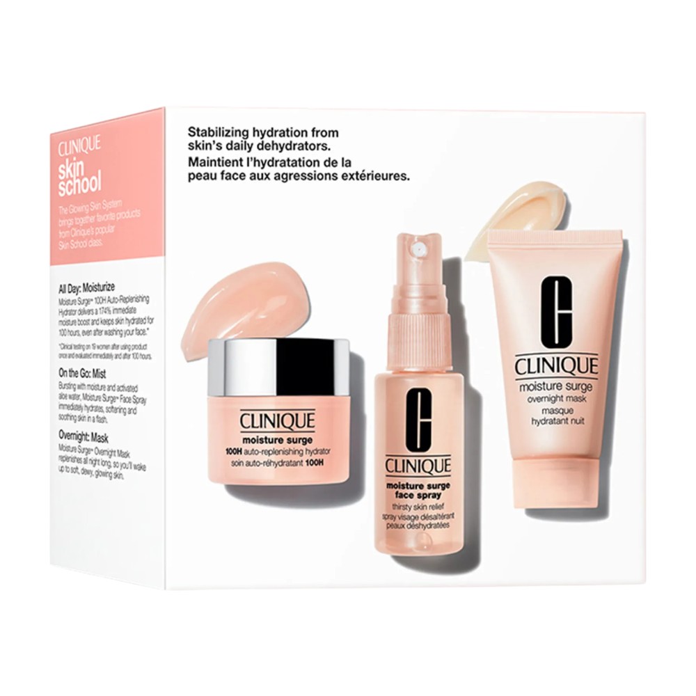 Clinique Skin School Moisture Surge Zestaw: krem do twarzy + mgiełka do twarzy + maska do twarzy na noc