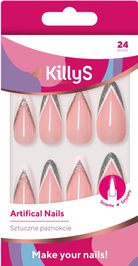 Killys Sztuczne paznokcie, Stiletto Silver Glitter French