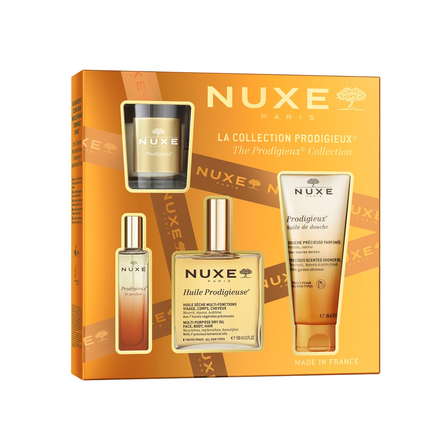 Nuxe zestaw Kultowy Prodigieux: Olejek 100ml + Perfumy 15ml + Olejek pod prysznic 100ml + Świeca