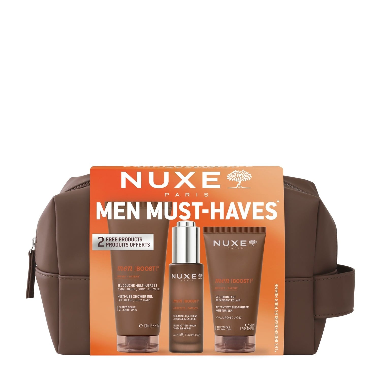 Nuxe Men Boost Zestaw: Serum 30ml + Żel 50ml + Żel pod prysznic 100ml + Kosmetyczka