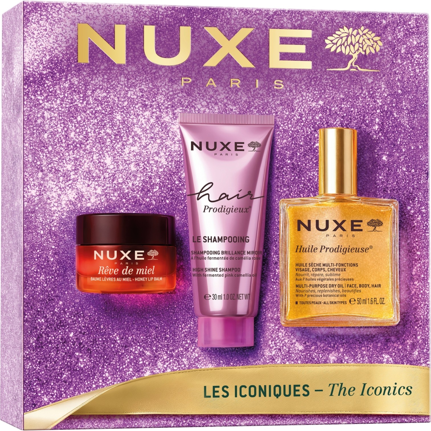 Nuxe Bestsellery Huile Prodigieuse: Huile Prodigieuse® Suchy olejek do pielęgnacji 50 ml + Rêve de Miel® Odżywczy balsam do ust 15 g + Hair Prodigieux® Szampon 30 ml