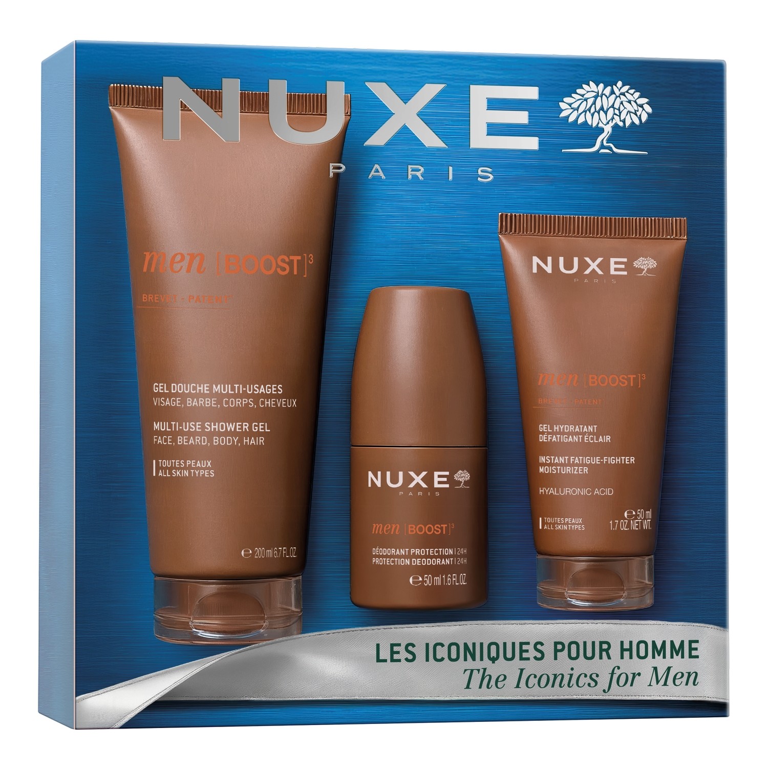 Nuxe zestaw Men Boost: Żel pod prysznic 200ml + Deo roll-on 50ml + Krem nawilżający 50ml