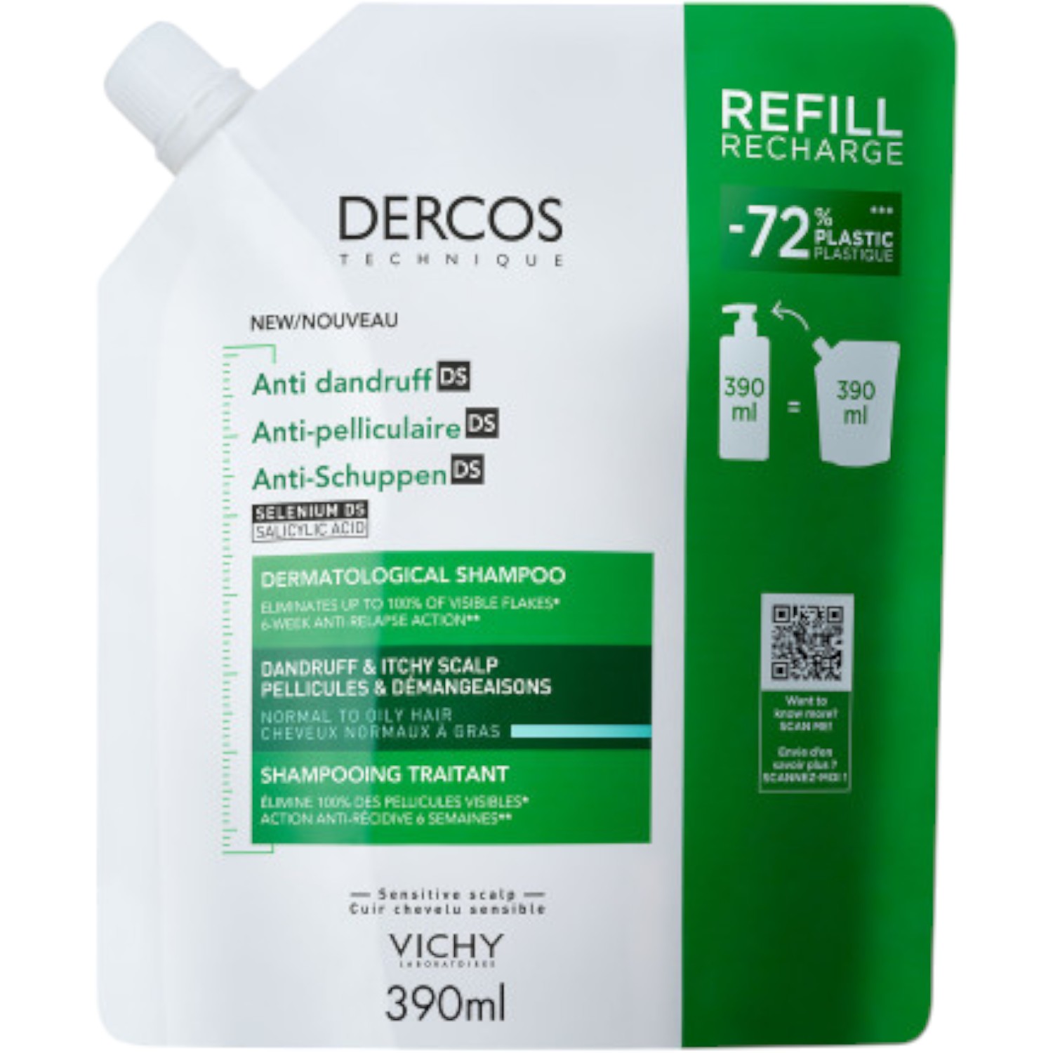 Vichy Dercos DS Szampon przeciwłupieżowy do włosów normalnych i przetłuszczających się, Refill
