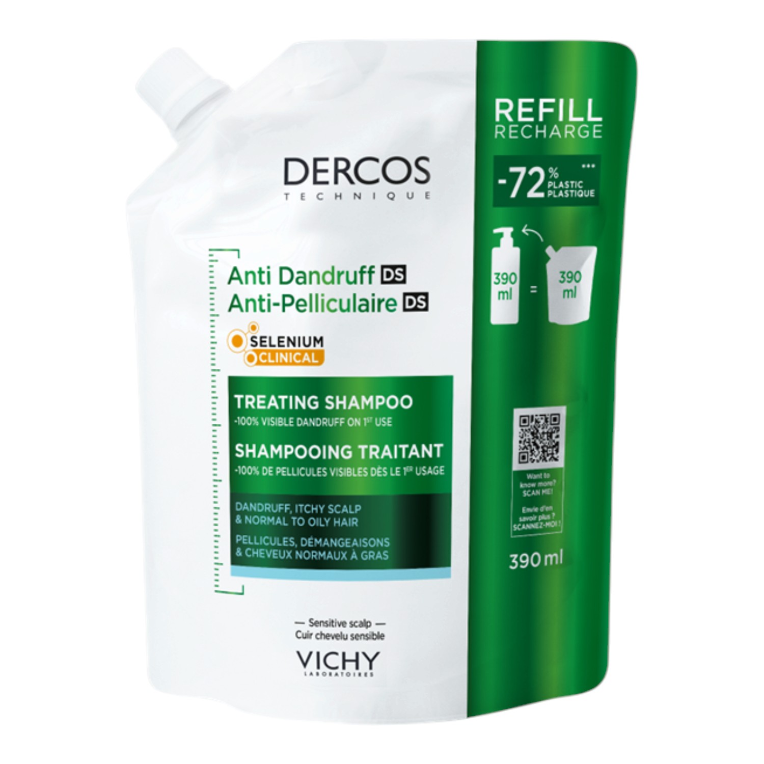 Vichy Dercos DS Szampon przeciwłupieżowy do włosów normalnych i przetłuszczających się Refill, 390 ml