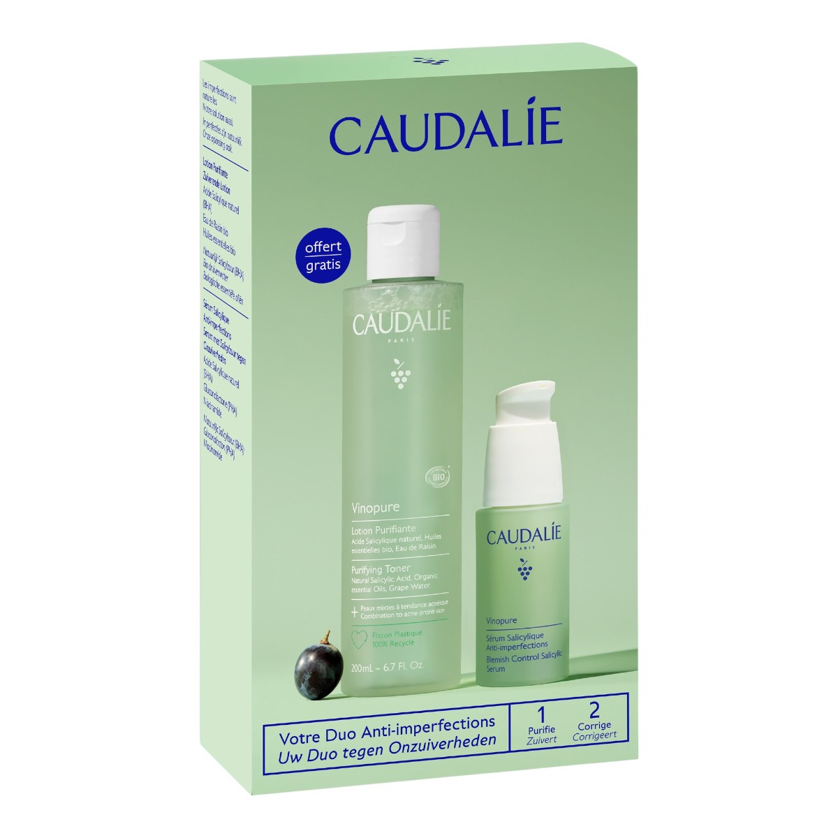 Caudalie Vinopure Zestaw: serum z kwasem salicylowym + tonik oczyszczający