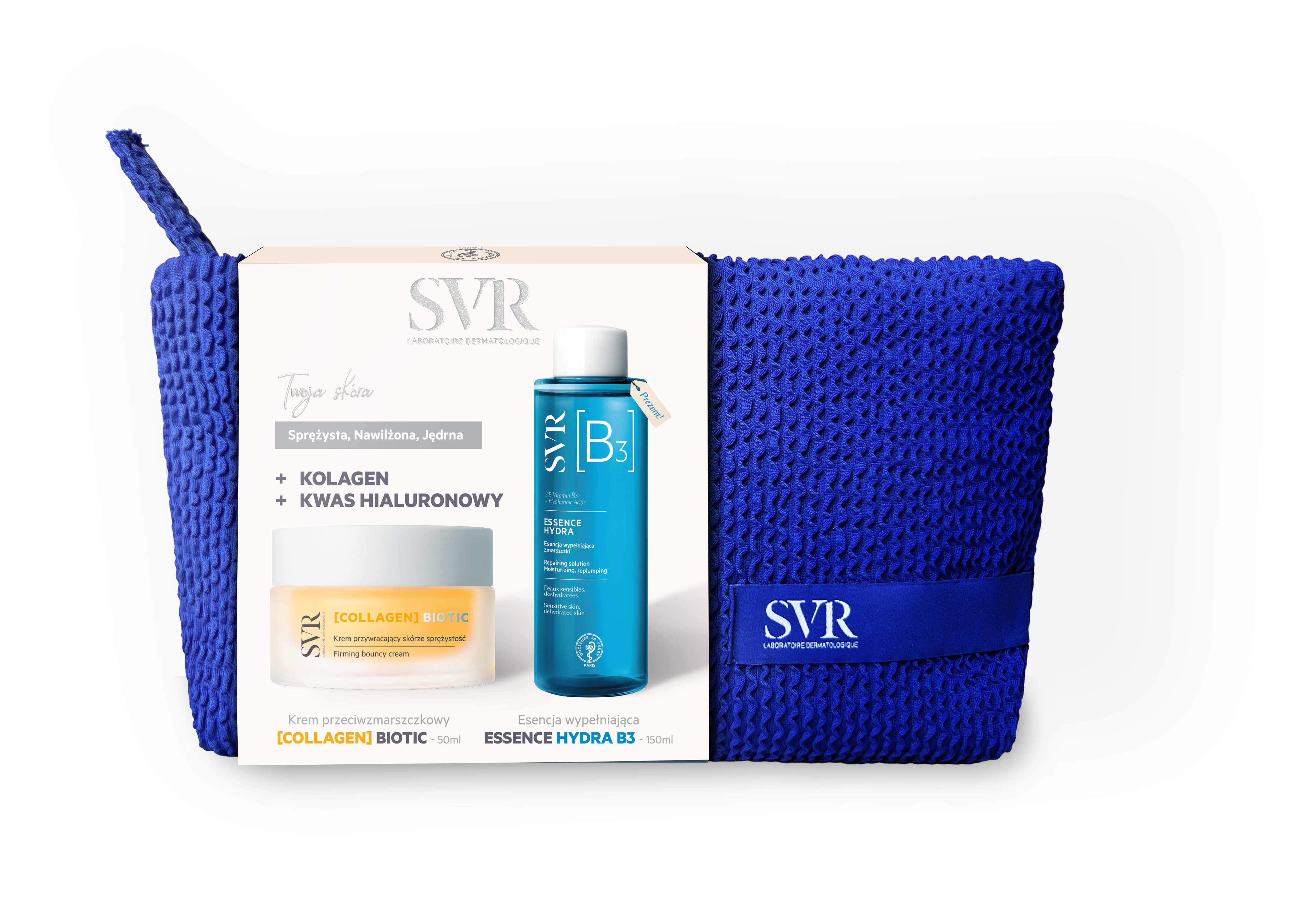 SVR Zestaw prezentowy: Collagen Biotic Krem 50ml + Essence B3 Hydra Esencja 150ml + Kosmetyczka