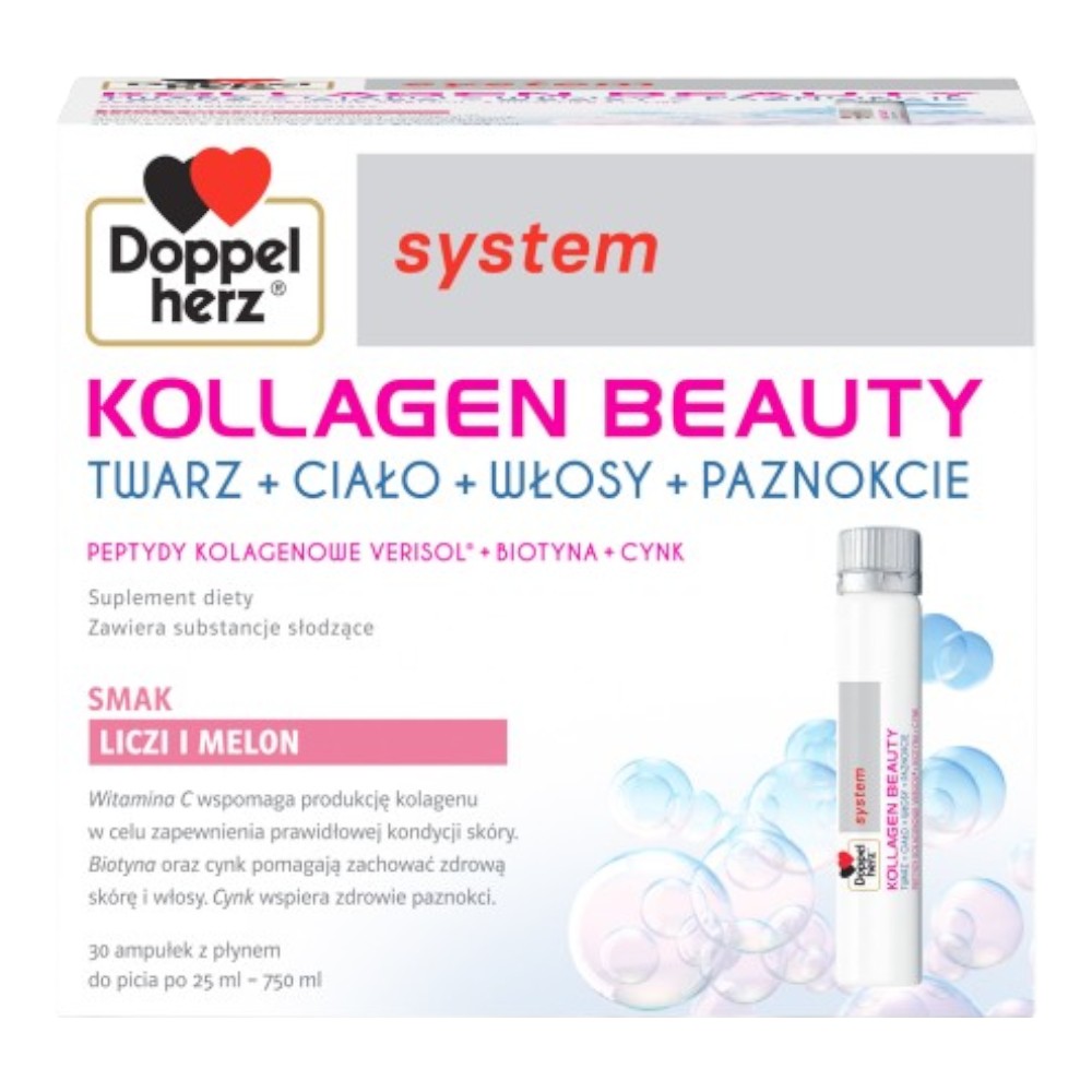 Doppelherz System Kollagen Beauty Smak Liczi i Melon Płyn, 30 amp. po 25 ml