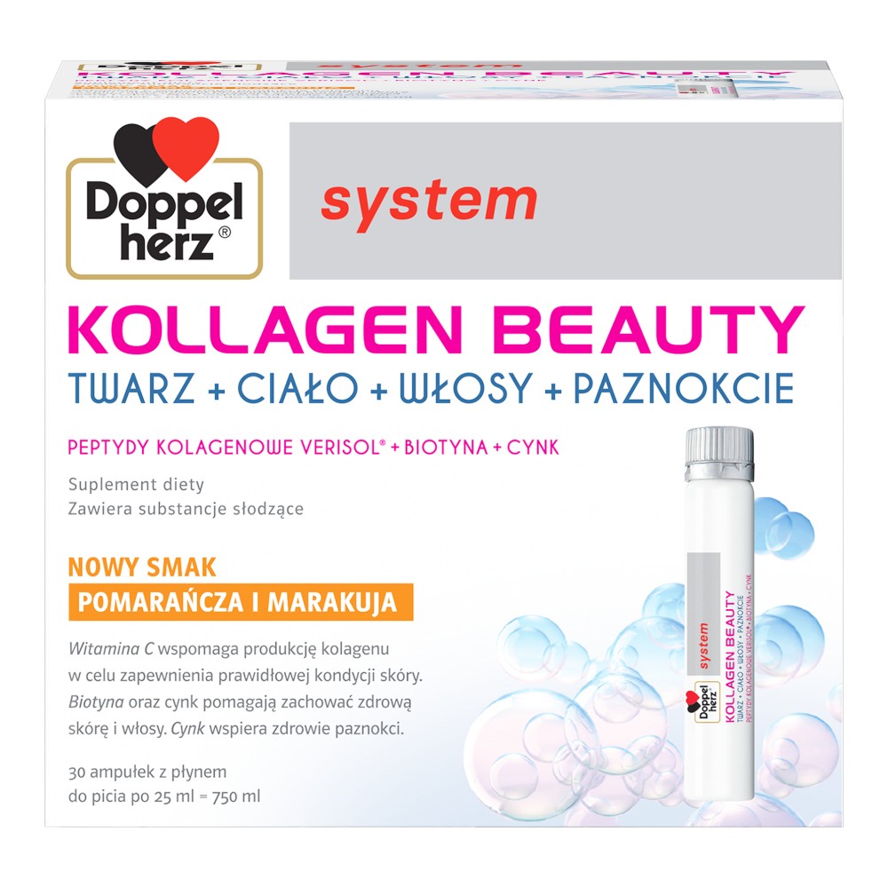 Doppelherz system Kollagen Beauty Smak Pomarańcza i Marakuja Płyn, 30 amp. po 25 ml