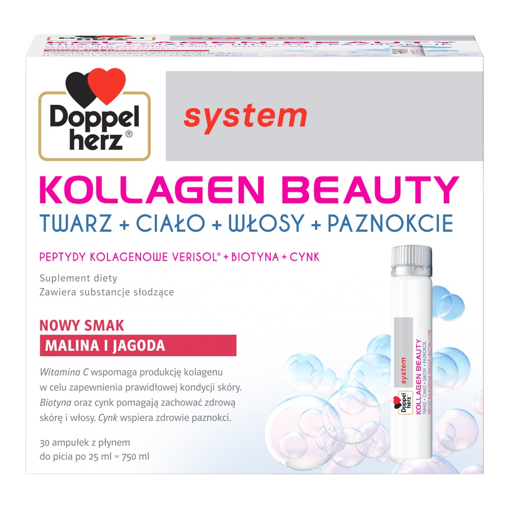 Doppelherz System Kollagen Beauty Smak Malina i Jagoda Płyn, 30 amp. po 25 ml