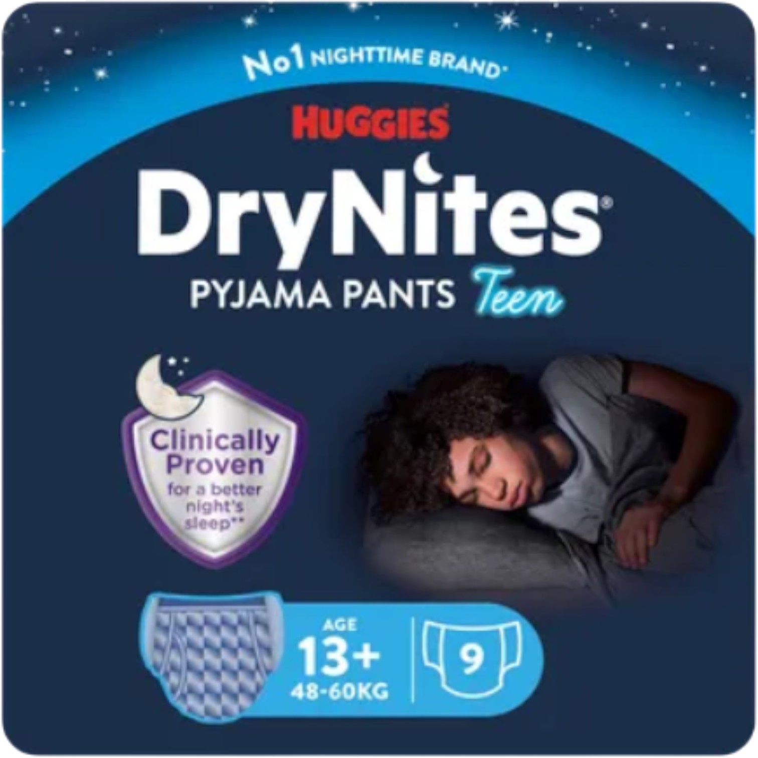 Huggies DryNites Boys Teen Majtki na noc dla chłopców, 13+, 48-60 kg, 9 szt.