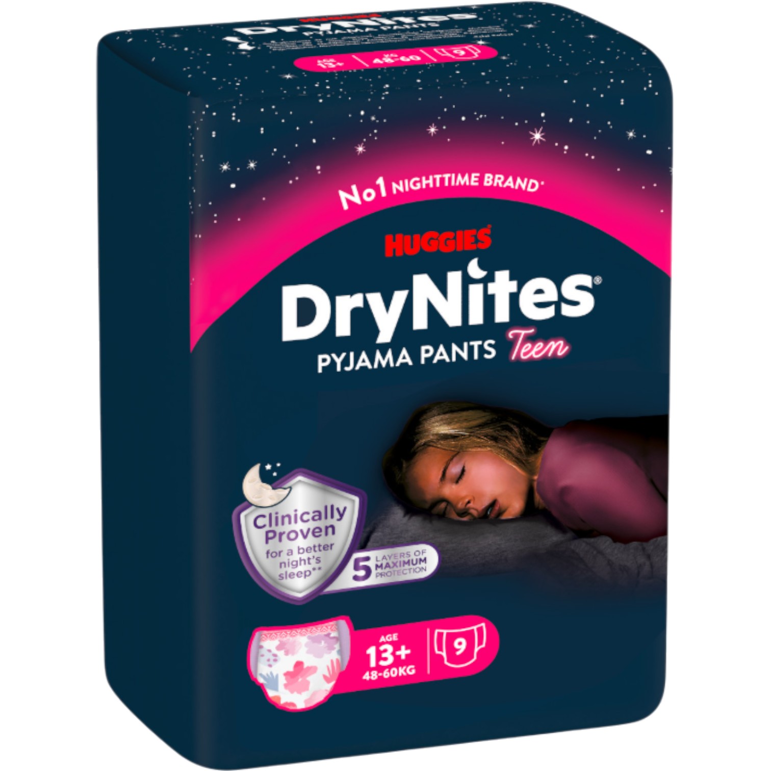 Huggies DryNites Mutandine Notturne per Ragazze, 13+, 48-60 kg, 9 pezzi.