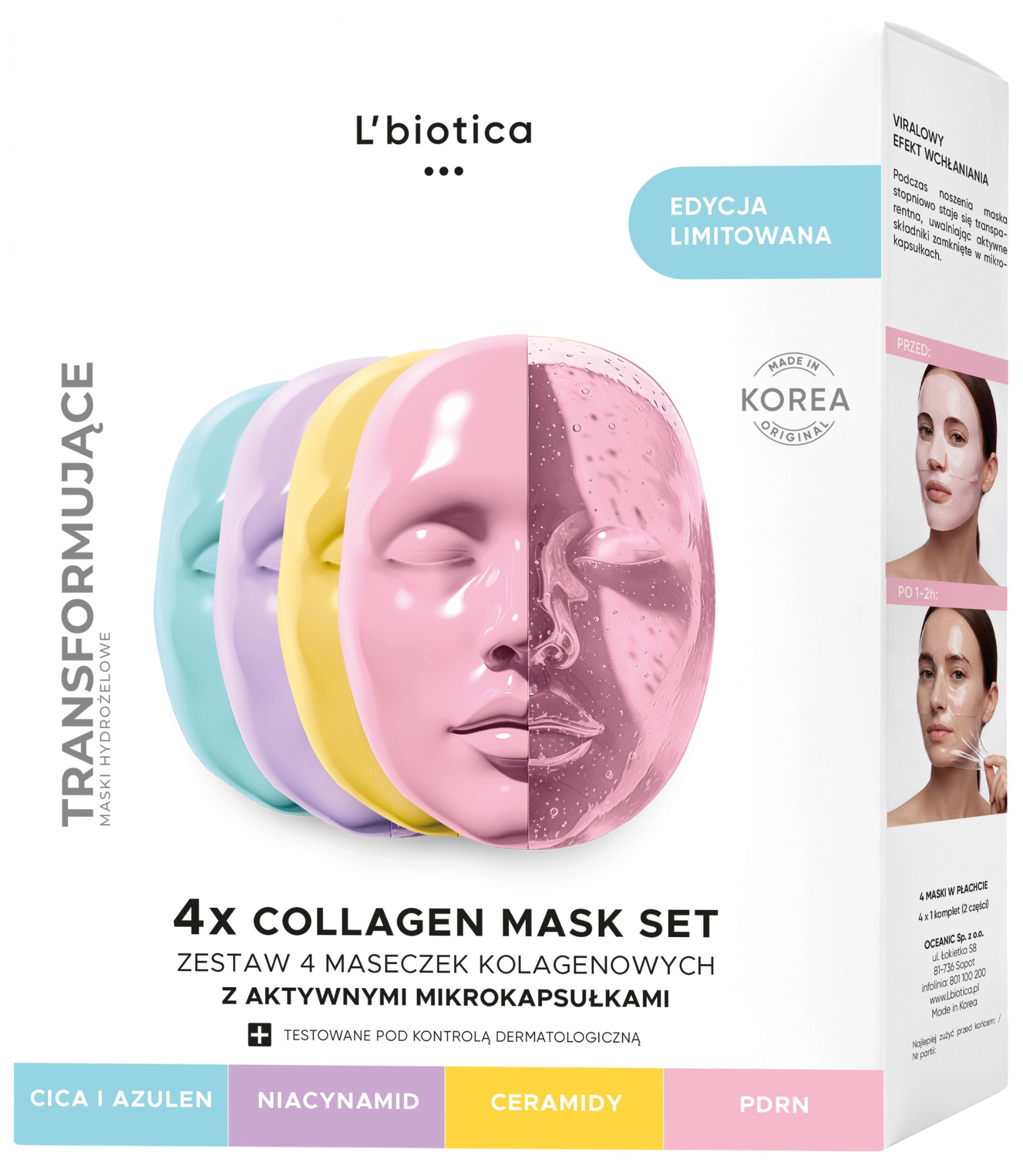L'biotica Zestaw Maseczek kolagenowych z aktywnymi mikrokapsułkami, 4szt