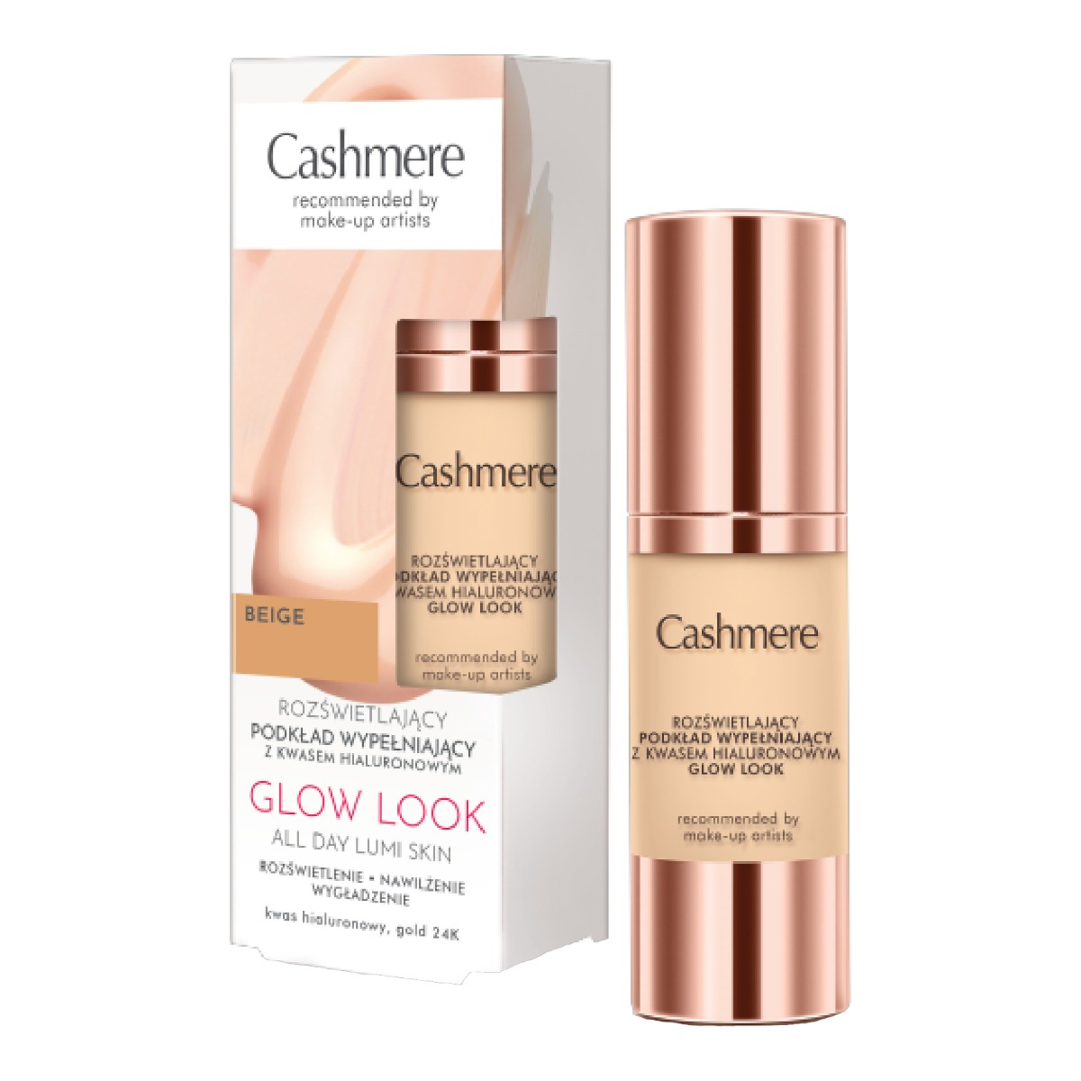 DAX Cashmere Glow Look Rozświetlający podkład wypełniający z kwasem hialuronowym, Beige