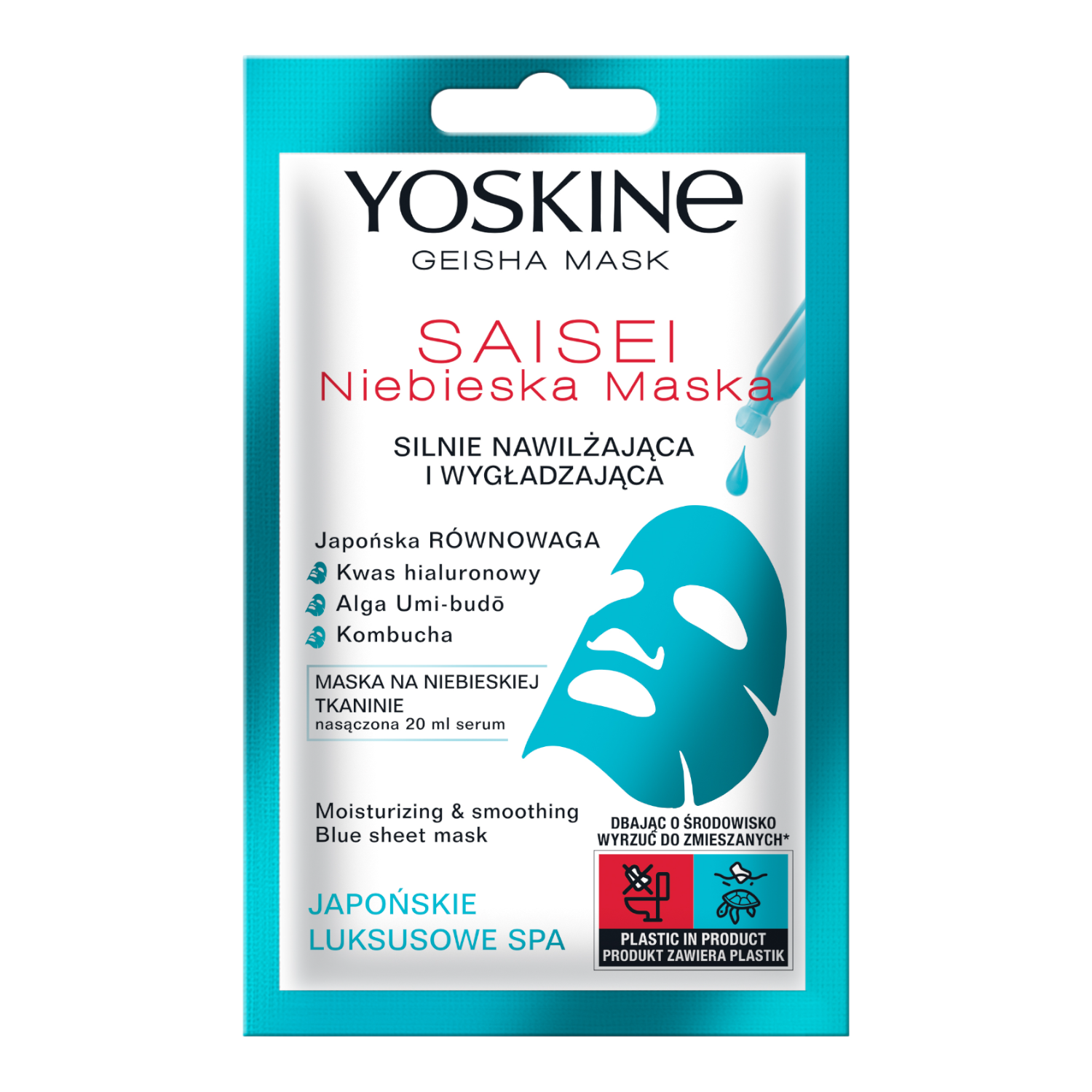 Yoskine Geisha Mask Saisei Niebieska maska na tkaninie