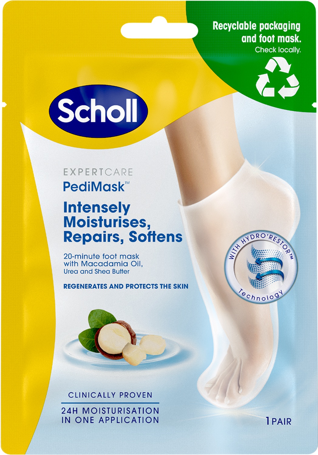 Scholl Expert Care PediMask, Nawilżająca maska do stóp z olejkiem makadamia, 1 Para
