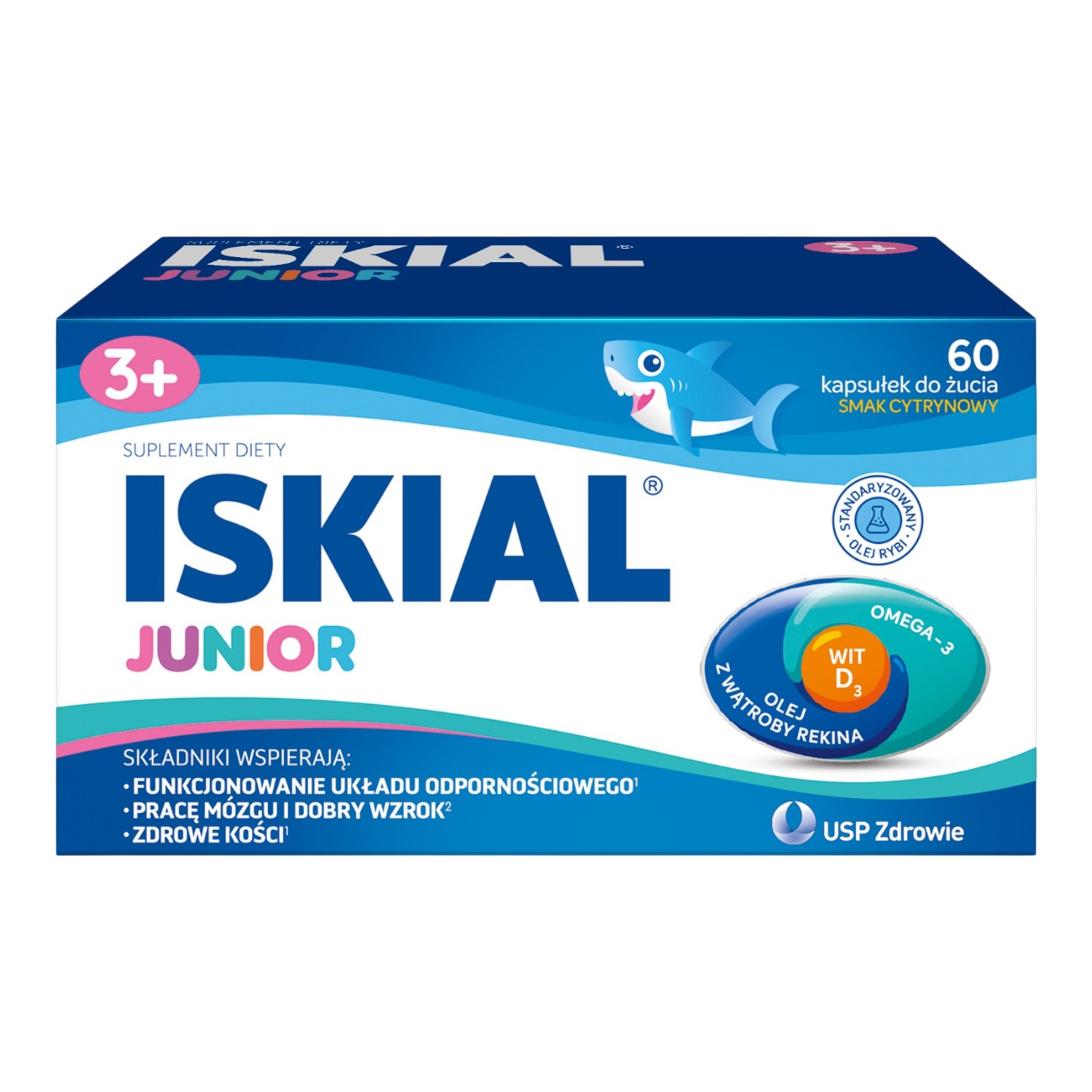 Iskial Junior, Wsparcie odporności dla dzieci od 3. roku życia, Kapsułki do żucia, Smak cytrynowy