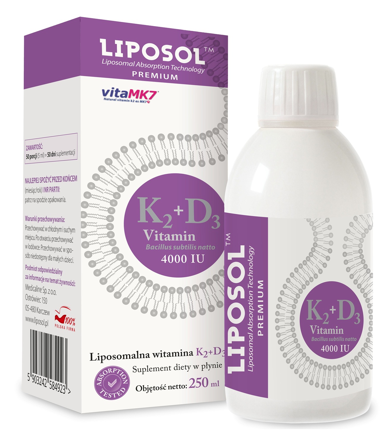 Liposol Liposomalna Witamina K2( Vita MK7) 100 UQ + D3 4000 IU, płyn 250 ml