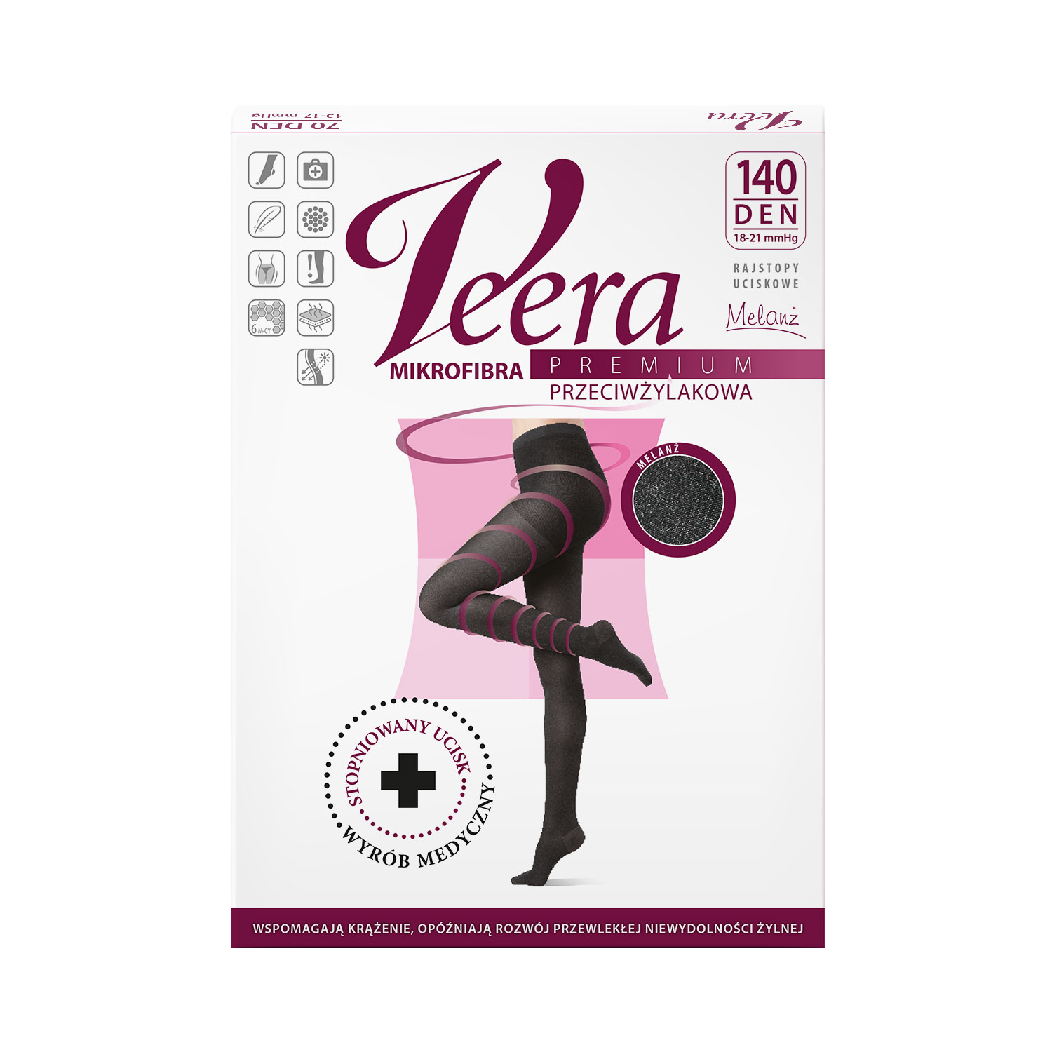 Veera Premium Microfibra Collant a Compressione 140 Den Mélange, Taglia 5