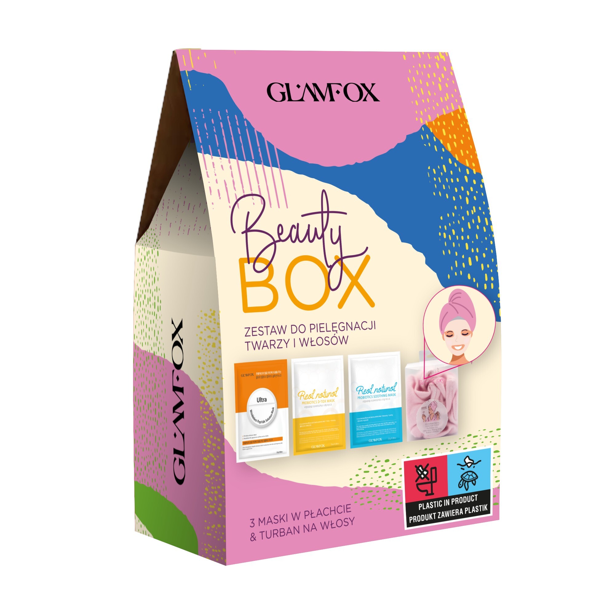 Glamfox Set Turbante per Capelli + 3 Maschere in Tessuto per il Viso