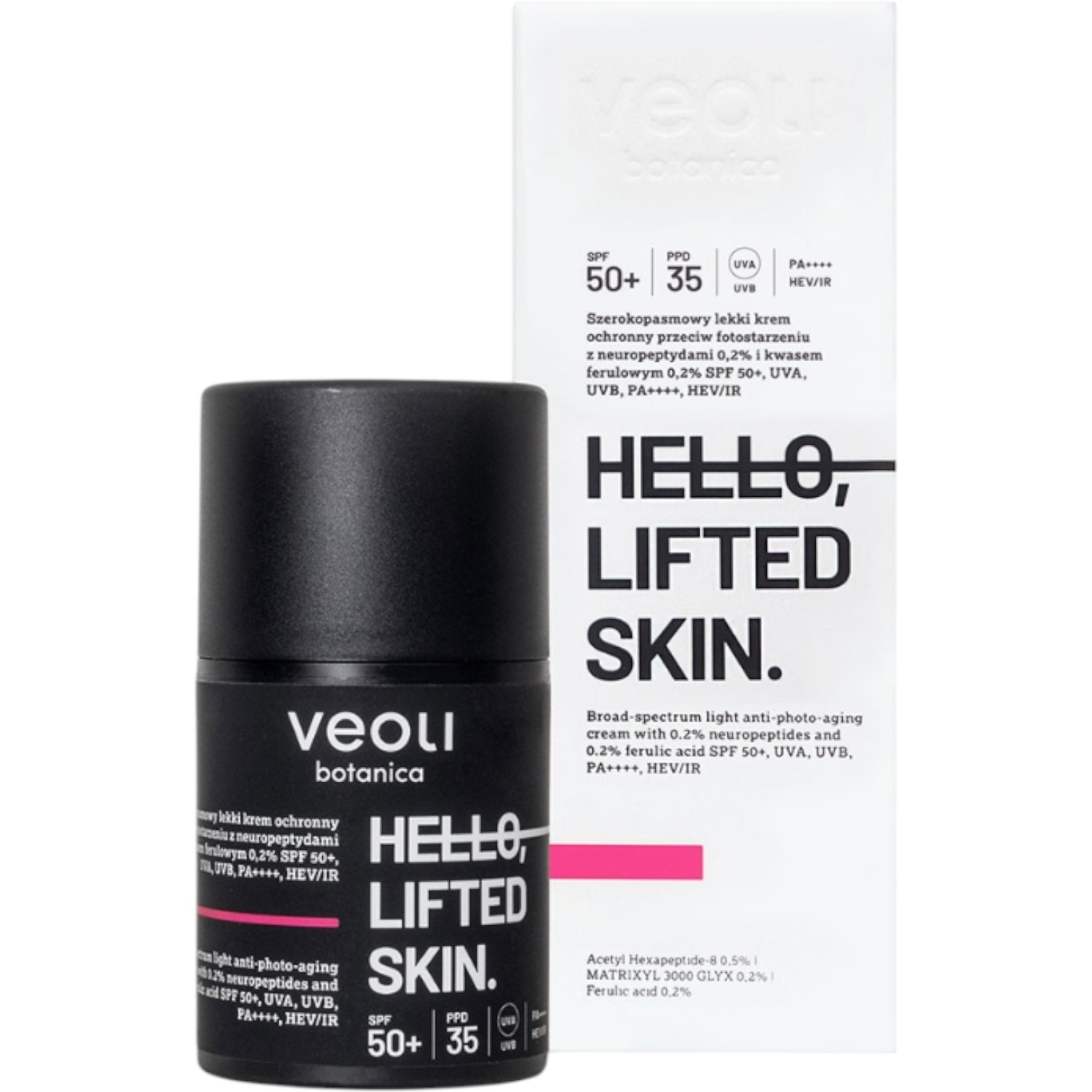 Veoli Botanica Hello, Lifted Skin Szerokopasmowy lekki krem ochronny przeciw fotostarzeniu, SPF50+