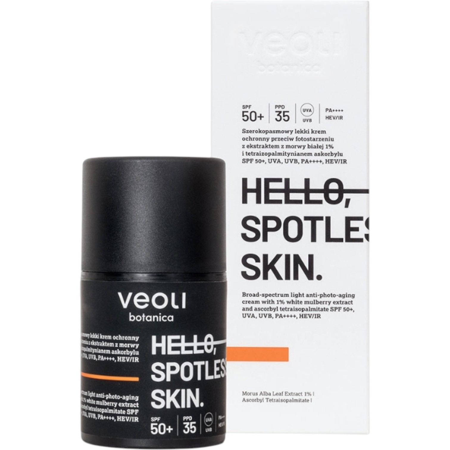 Veoli Botanica Hello, Spotless Skin Crema Protettiva Leggera ad Ampio Spettro contro l'Invecchiamento Cutaneo da Fotoesposizione, SPF50+