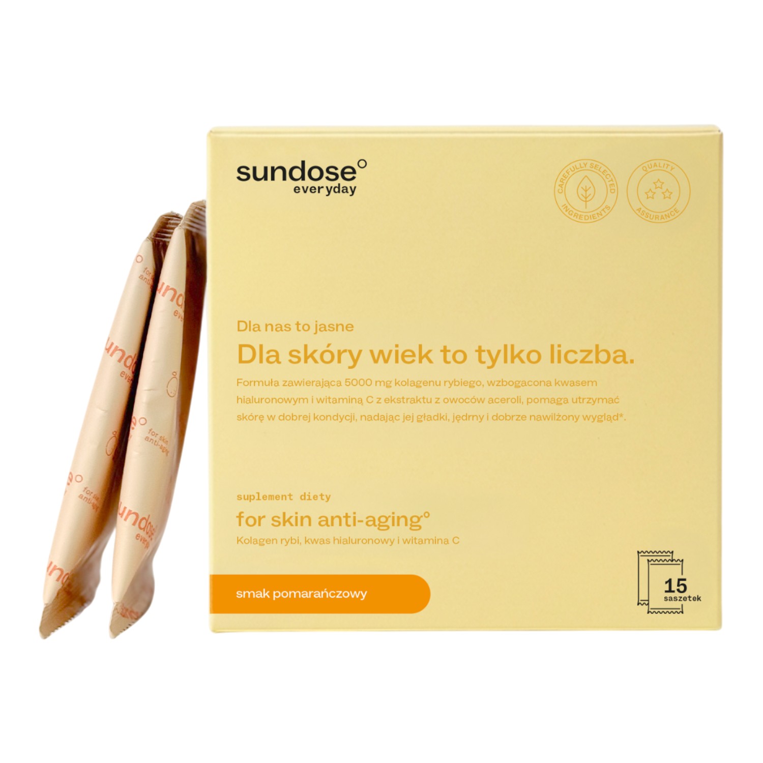 Sundose Everyday For Skin Anti-aging Kolagen Rybi Kwas Hialuronowy i Wit. C Smak pomarańczowy Saszetki, 15 szt.