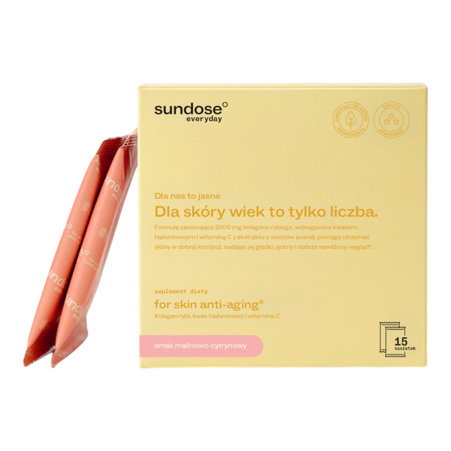 Sundose Everyday For Skin Anti-aging Kolagen Rybi Kwas Hialuronowy i Wit. C  Smak malinowo-cytrynowy Saszetki, 15 szt.
