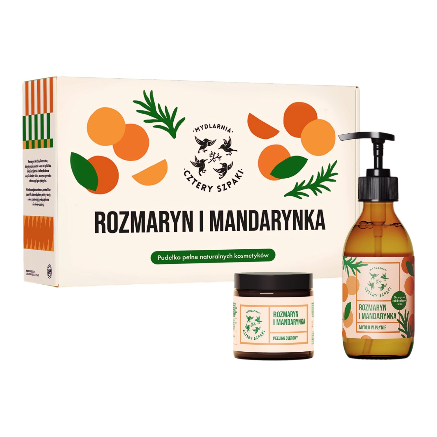 Mydlarnia Cztery Szpaki Zestaw Rozmaryn i Mandarynka: Mydło w płynie 300 ml + Peeling do ciała 250 ml