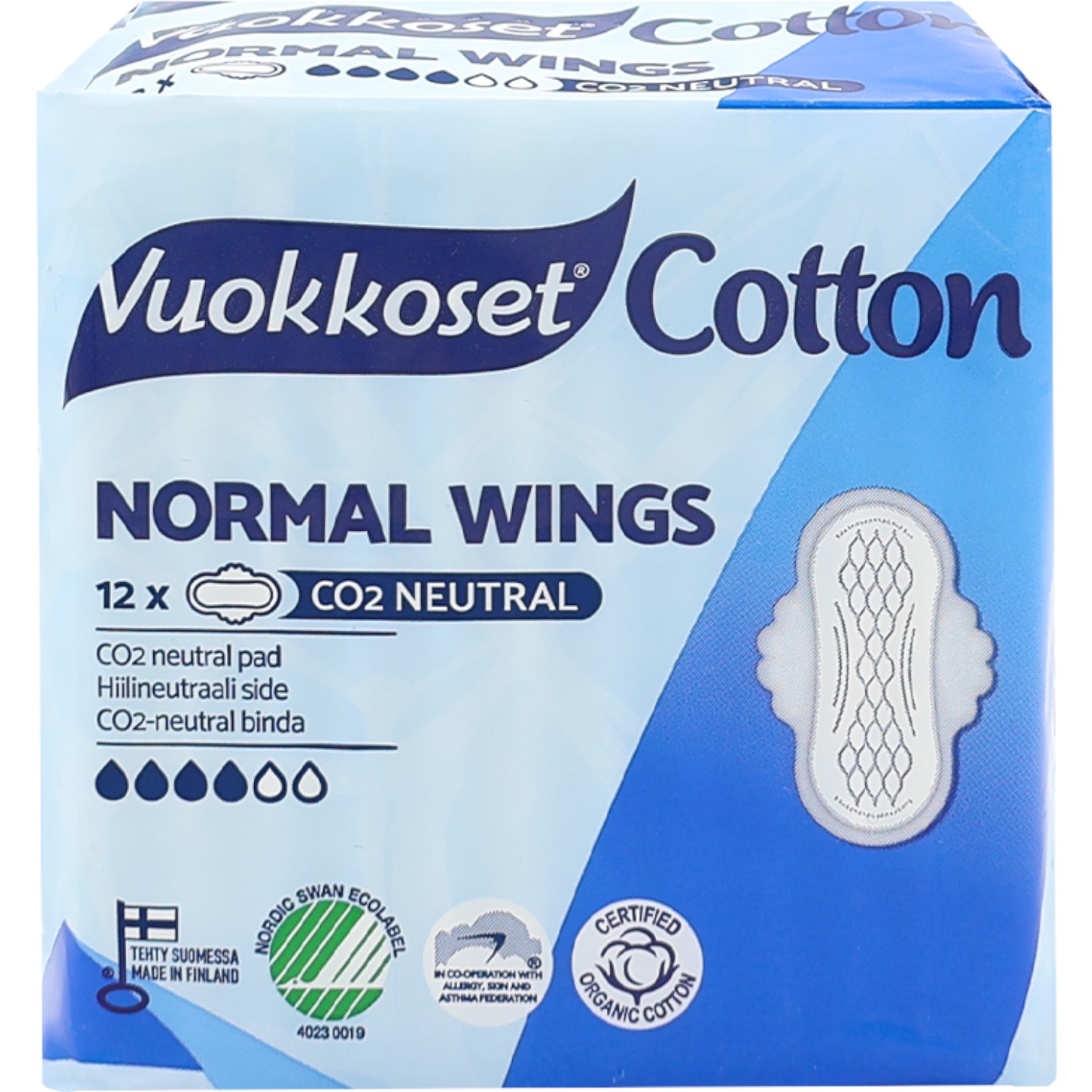 Vuokkoset Cotton Normal Wongs Podpaski ze skrzydełkami, 12 szt.