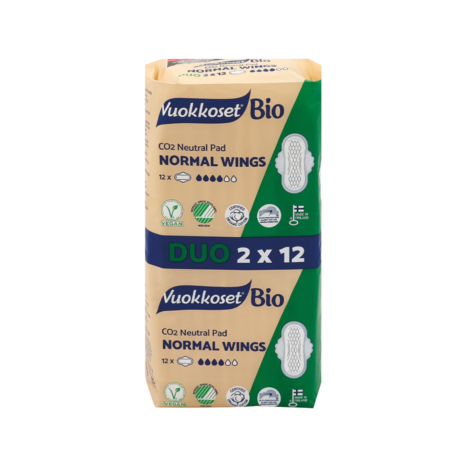 Vuokkoset Bio Normal Wings Podpaski ze skrzydełkami, duopack (2 x 12 szt.)
