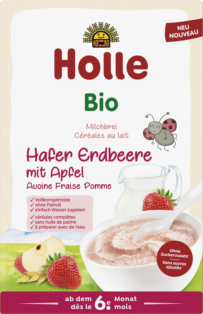 Holle Bio Kaszka mleczna pełnoziarnista, owsiana truskawkowo-jabłkowa od 6 m-ca życia 250 g