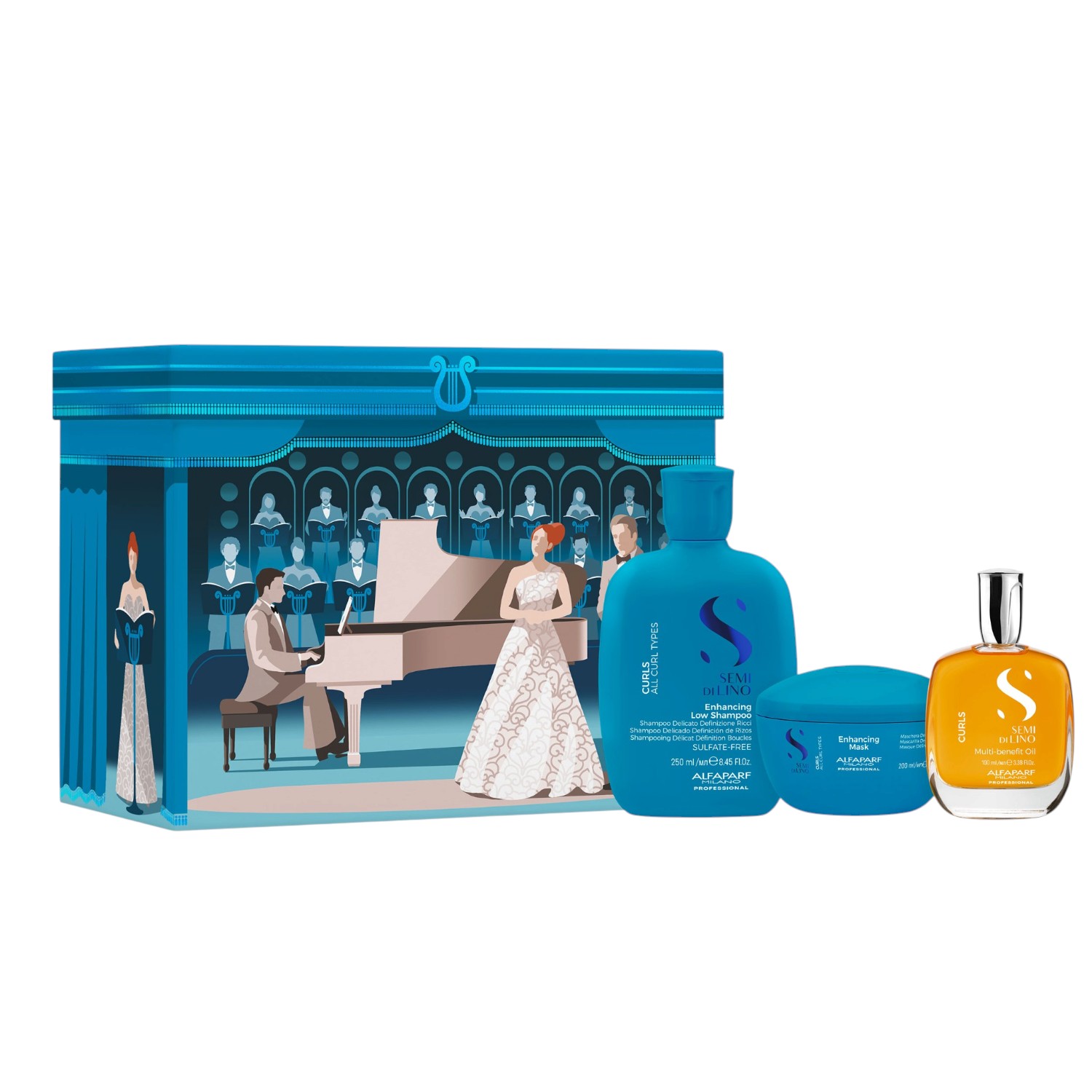Alfaparf Semi di Lino Curls Holiday Kit Zestaw: Szampon podkreślający skręt 250 ml + Maska podkreślająca skręt 200 ml + Wielofunkcyjny olejek do włosów 100 ml