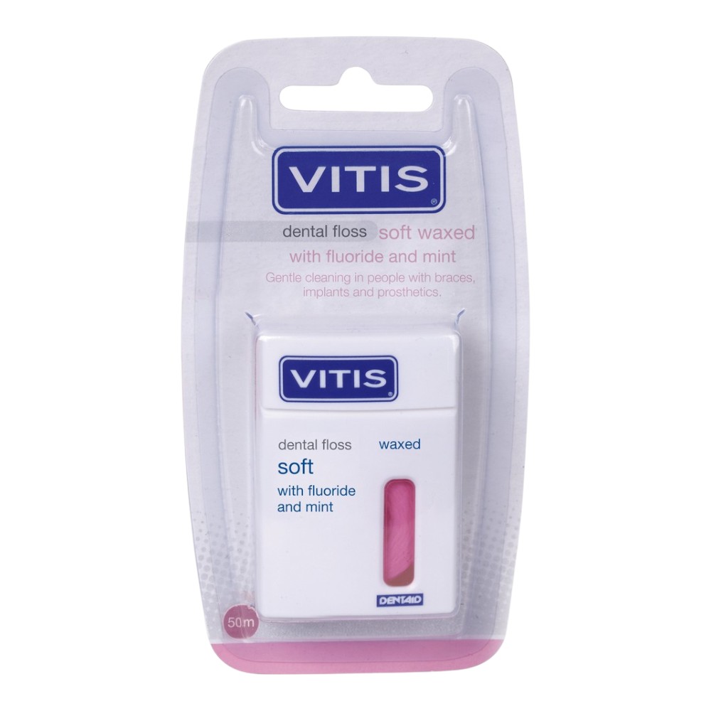 Vitis Nić dentystyczna z fluorem i miętą, woskowana (różowa), 50 m