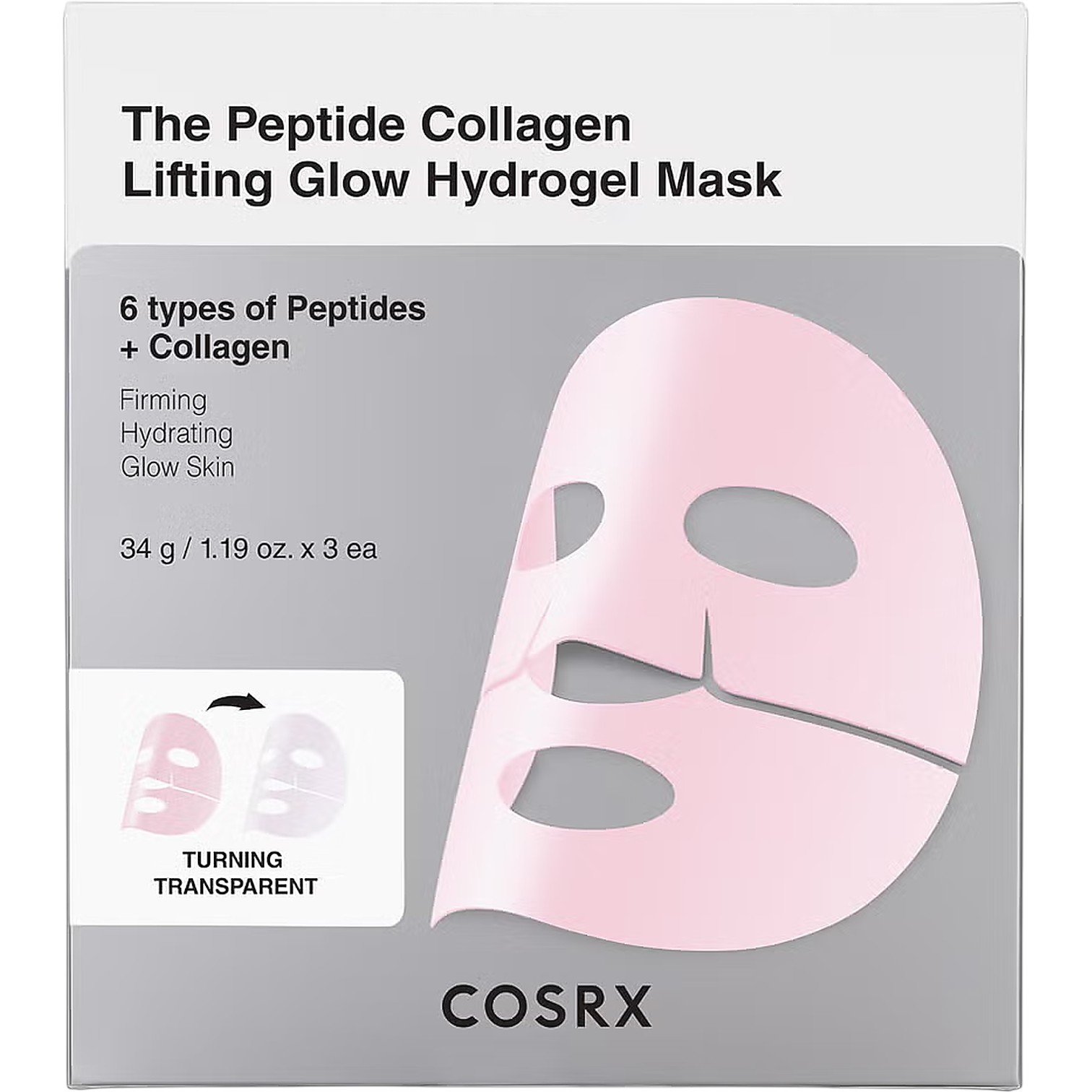 Cosrx The Peptide Collagen Lifting Glow Hydrogel Mask, Ujędrniająca hydrożelowa maska do twarzy z kolagenem i ceramidami, 34 g