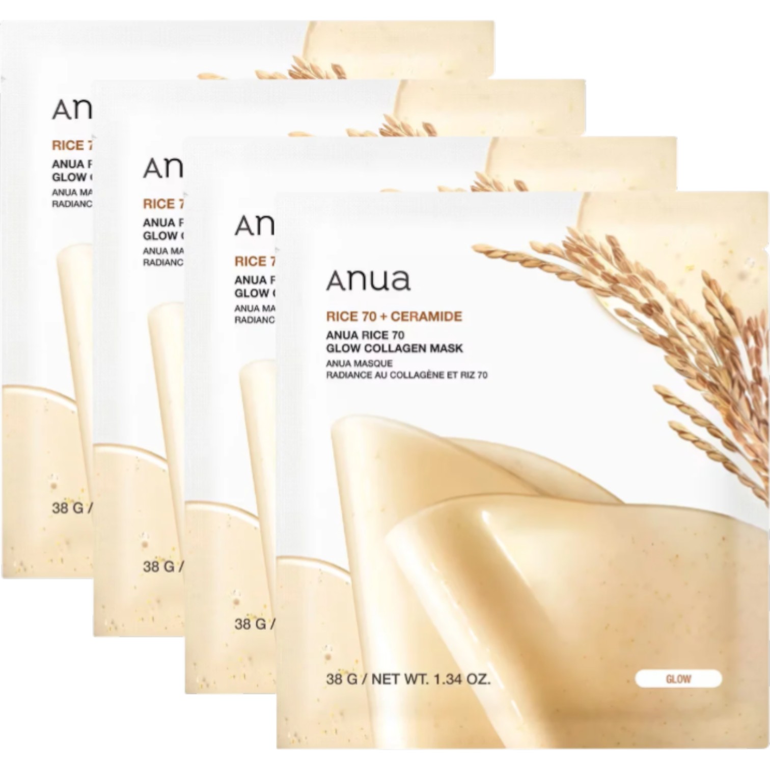 Anua Rice 70 Glow Collagen Mask, Ujędrniające maski hydrożelowe z kolagenem i wodą ryżową, 4x38g