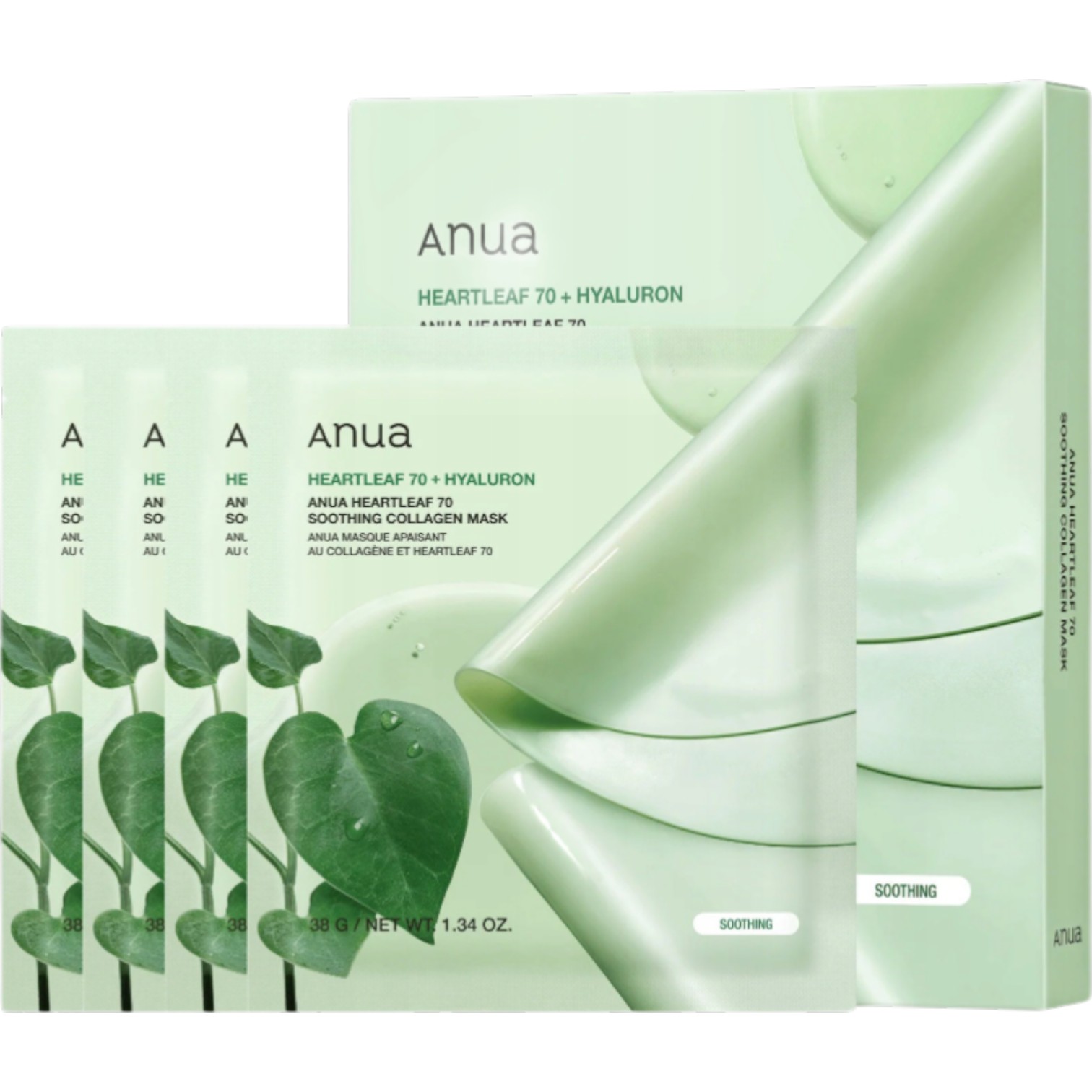 Anua Heartleaf 70 Soothing Collagen Mask, Maska kolagenowa do twarzy z pstrolistką sercowatą, 4x38g