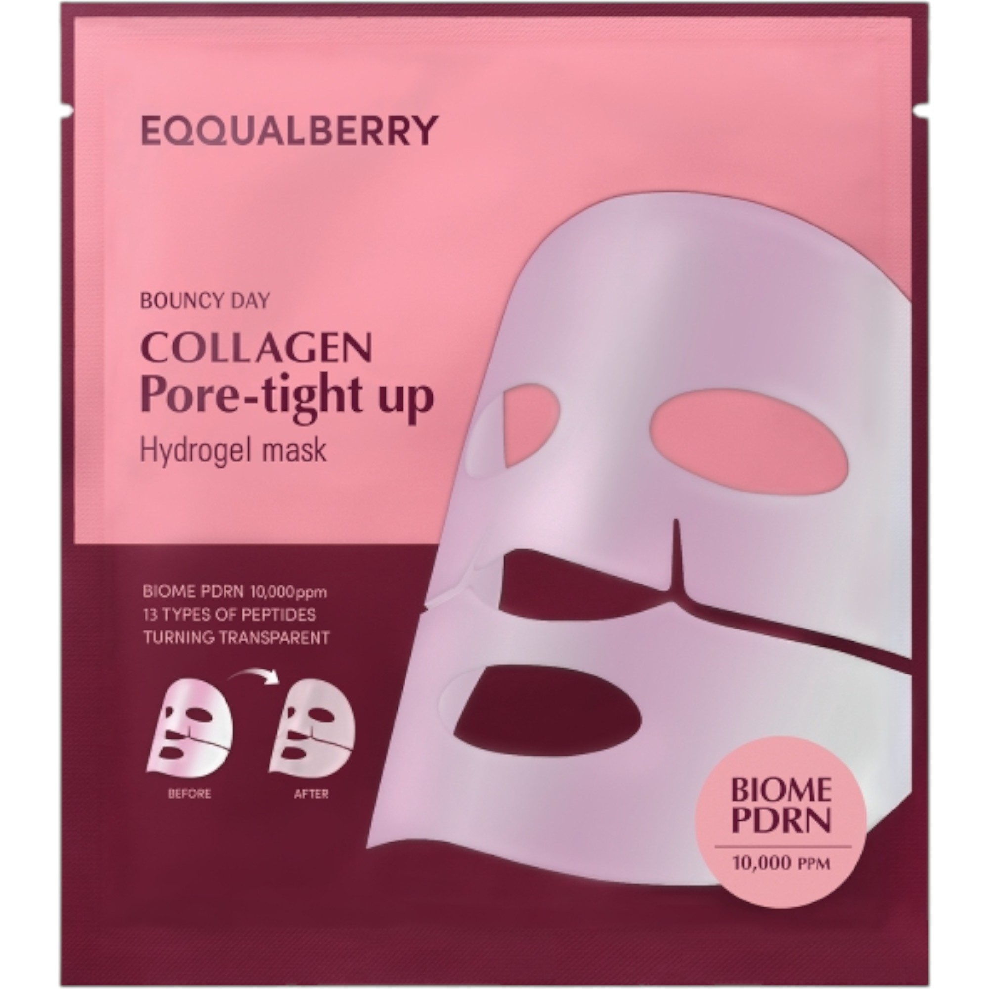 Eqqualberry Collagen Pore-tight Up Hydrogel, Maschera viso al collagene restringente pori, 4 pezzi